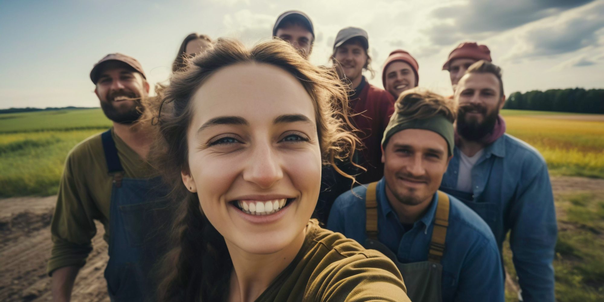 self de varias personas riendo en un paisaje de campo,