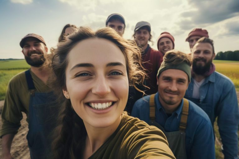 self de varias personas riendo en un paisaje de campo,